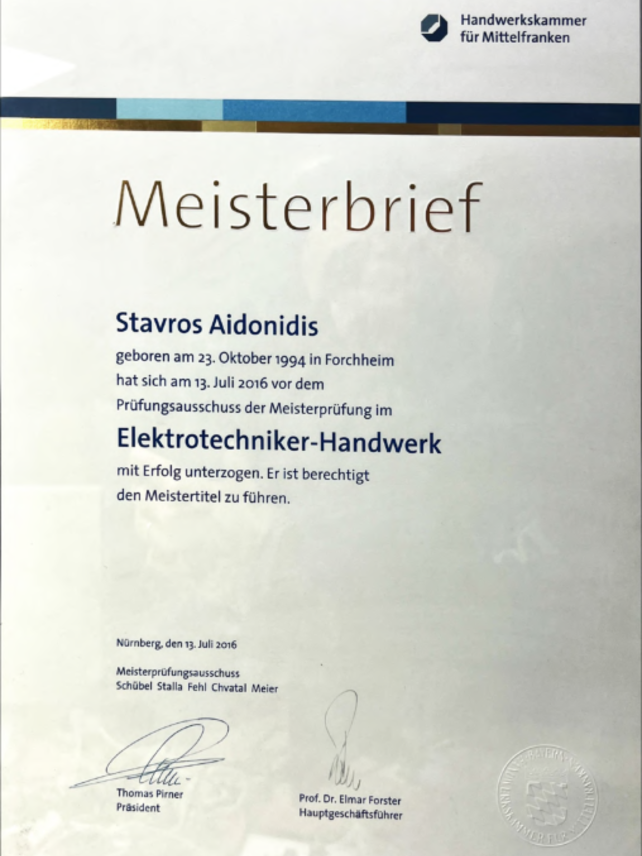 MEISTERBRIEF STAVROS bei Aiko Elektrotechnik GmbH in Erlangen